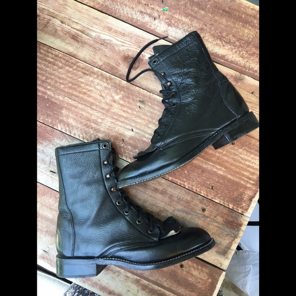 Vintage 100% Genuine Leather Lace up Boot Justin Women’s Black - Picture 6 of 15